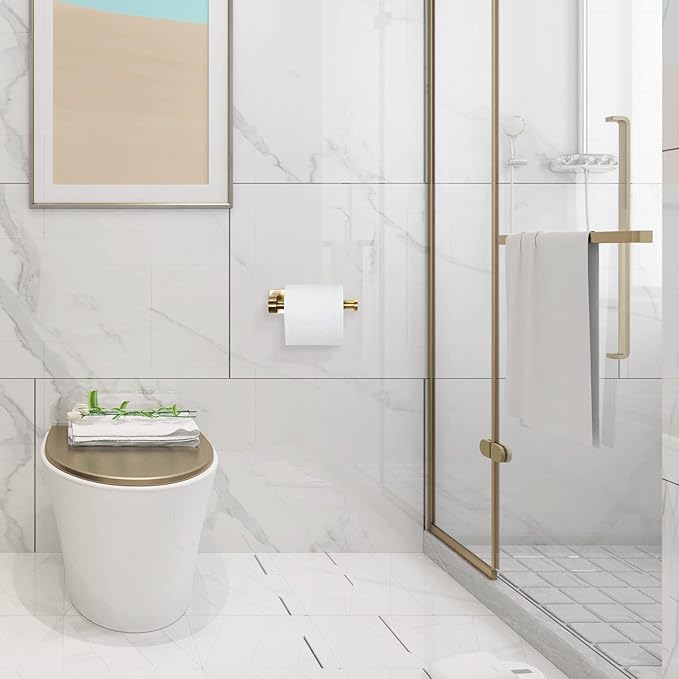 YIGII Adhesive Toilet Paper Holder - Self Adhesive Toilet Paper Roll Holder Wall Mount for Bathroom, Premium Thicken Brushed Brass Stainless Steel, Rustproof