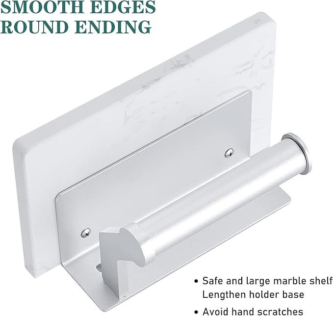 Hoimpro Brushed Silver Aluminum Toilet Paper Holder with White Natural Marble Shelf, Wall Mounted Tissue Hand Paper Roll Storage Holder for Bathroom Kitchen Washroom Bedroom