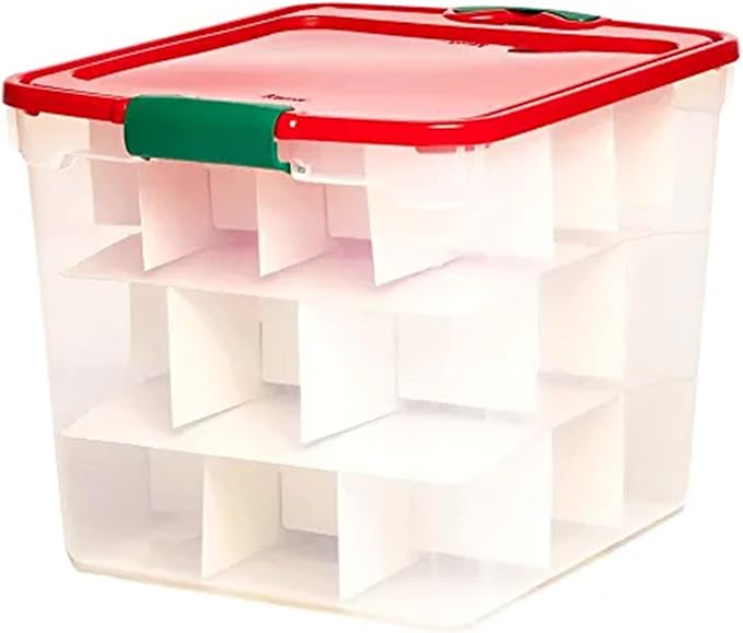 HOMZ 4-Pack Holiday Tote, Clear Plastic Storage Bins w/ Lids & Dividers, 31 Quart, Red - Stackable Organizing Containers for Home, Garage, and Office