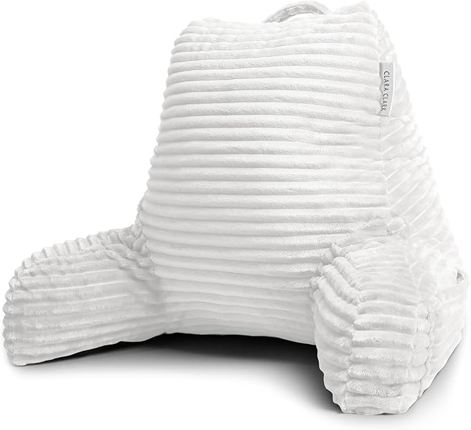 Clara Clark Reading Pillow for Bed Adult –Back Pillow for Sitting in Bed, Standard Plush Bed Pillows for Sitting Up in Bed, Shredded Foam Bed Chair Pillow with Arms and Pockets, White Bed Rest Pillow