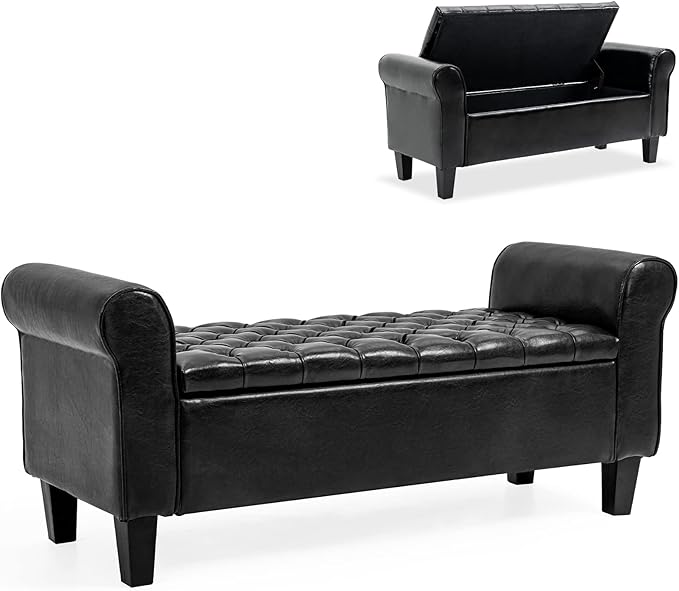 ECOTOUGE Storage Bench for Bedroom, Rolled Arm Ottoman, Rectangular Leather Upholstered Footrest for Living Room, Black