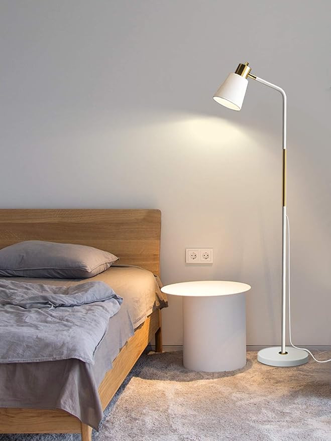 LALISU Floor Lamp, Industrial Floor Lamps for Living Rooms Rustic Farmhouse Reading Standing Floor Lamp Adjustable Metal Heads Indoor Task Lighting for Living Room Bedroom Office Home Décor (White)