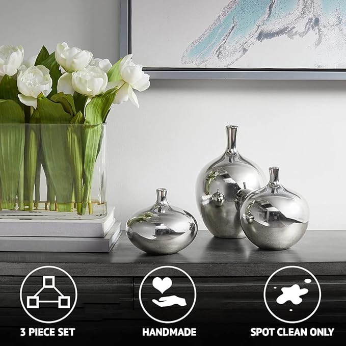 Madison Park Signature Ansen Ceramic Handmade Vase Set Home Décor - Metallic Accent Living Room Decoration Ideal for Shelf, Side Table, Mantle Ornaments, Multi Size, Silver 3 Piece