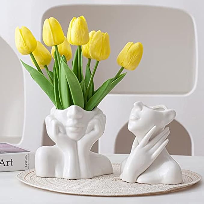 Ceramic Face Vase, White Flower Vases for Decor Female Form Head Half Body Vase Boho Unique Decorative Modern Style for Home Living Room Office Book Shelf (Medium)