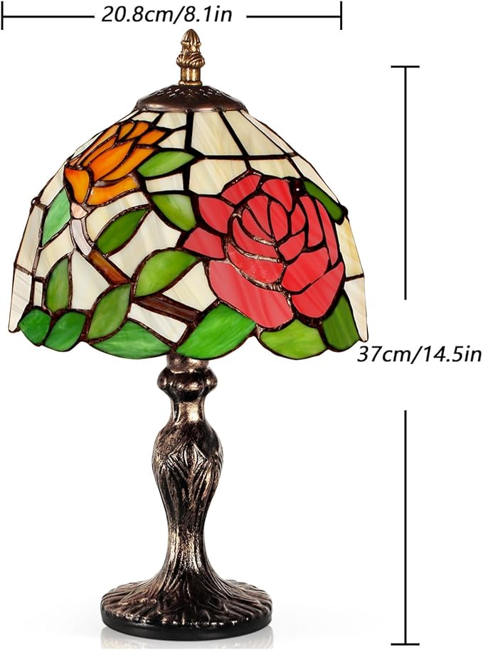 MIAOKE Stained Glass Table Lamp,Stained Glass Crystal Bead Style Table Light,Handmade Desk Bedside Night Light,Antique Art Craft Gifts Lover Living Room Bedroom Bookcase (A Rose)