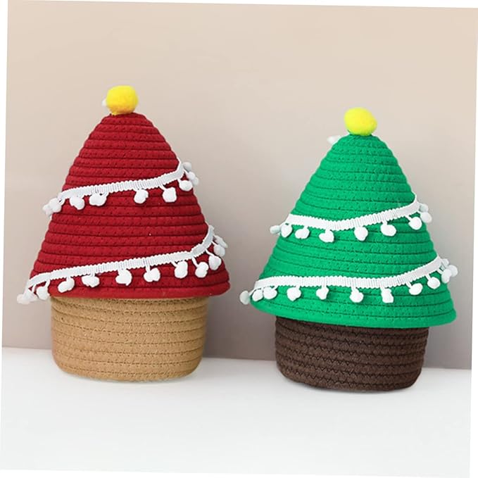 Garneck Cartoon Christmas Tree Decorative Storage Basket Lid Woven Organizer for Boys and Girls Toys Sundries and Personal Items Stylish Container for Home Decor and Desk Organization