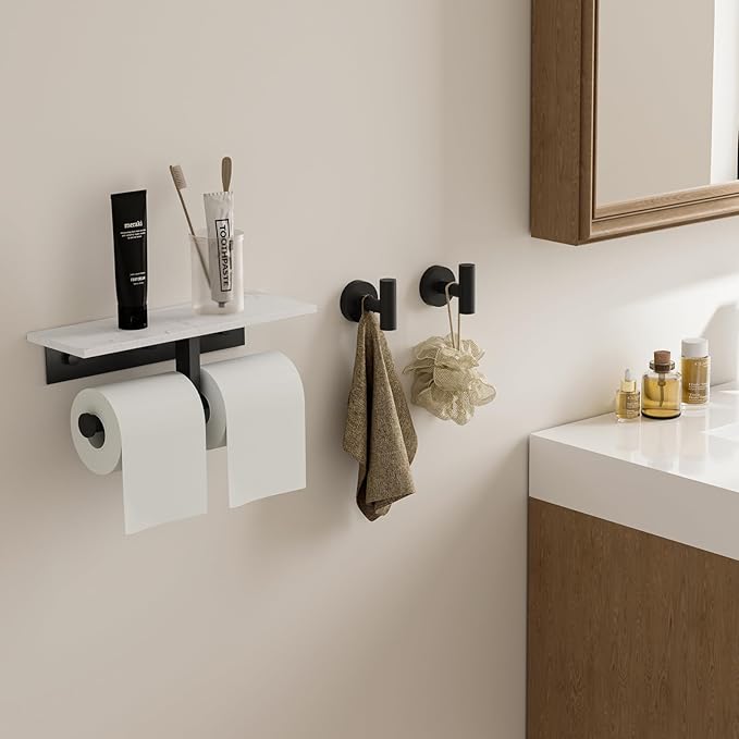 BWE Double Toilet Paper Holder with Shelf, Wall Mounted Tissue Roll Holder for Bathroom, Commercial Toilet Paper Dispenser, Marble Toilet Paper Storage Holder with Phone Shelf (Matte Black)