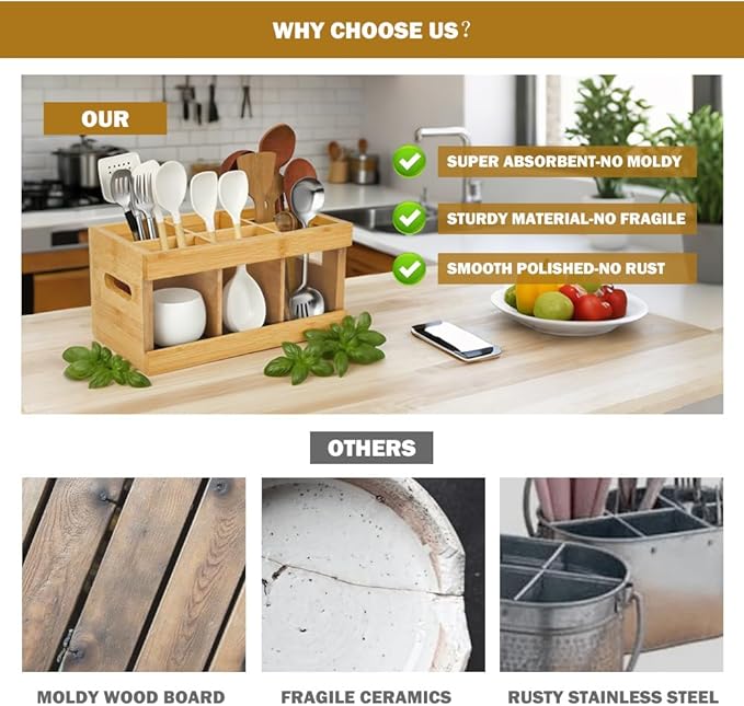 Utensil Holder for Kitchen Counter,Large Utensil Holder with Absorbing Drying Stone Mat,Bamboo Utensil Organizer with 6 Compartments,Silverware Caddy&Cooking Utensil Organizer for Kitchen Decor