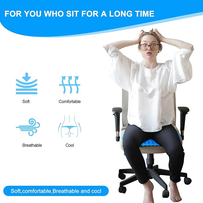 EVEME Gel Seat Cushion for Long Sitting with Non-Slip Cover, Soft & Breathable, Seat Cushion for Chair, Car, Office, Desk Chair, Wheelchair (17" x 15" x 1.2" - Blue)