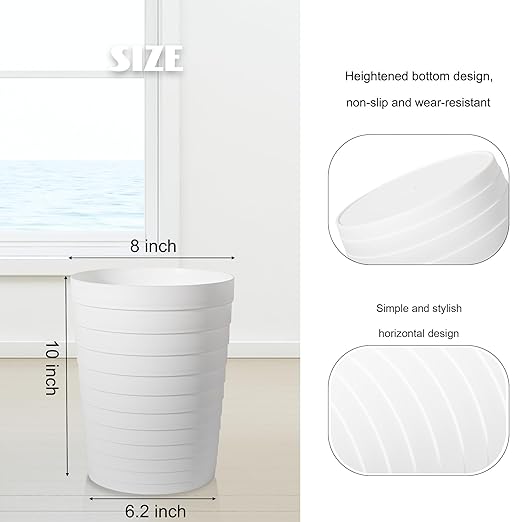 UUJOLY Small Bathroom Trash Can Wastebasket, Plastic Garbage Bin Container Basket for Bathrooms, Laundry Room, Kitchens, Offices, Kids Rooms, Dorms, White, 1.8 Gallon