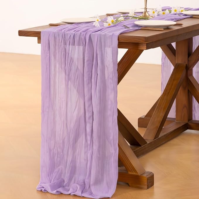 Socomi 2pcs Lilac Purple Lavender Cheesecloth Table Runner Easter Spring Boho Rustic Gauze 120 inch 10FT Cheese Cloth Runner for Wedding Party Baby Shower Birthday Home Decor Holiday Decorations