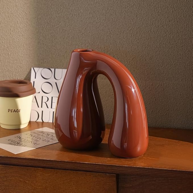 PROBENEX Brown Ceramic Decorative Pitcher Vase, 7.5 in – Glossy Sculptural Arch-Handle, Warm Earth-Tone Home Décor for Fresh or Dried Floral Arrangements, Table/Shelf/Entryway, Giftable