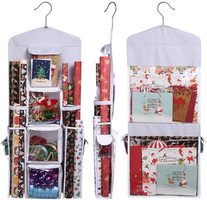 Christmas Wrapping Paper Organizer Large Capacity Wall Hanging Double-Sided Transparent with 10 Pockets Space-Saving Rear Door Gift Storage Bag with Zipper Home Decor 37.40x5.51 Inch.