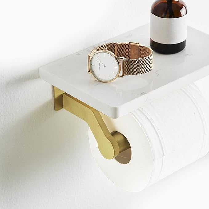 Hoimpro Brushed Gold Aluminum Toilet Paper Holder with White Natural Marble Shelf, Wall Mounted Tissue Hand Paper Roll Storage Holder for Bathroom Kitchen Washroom Bedroom