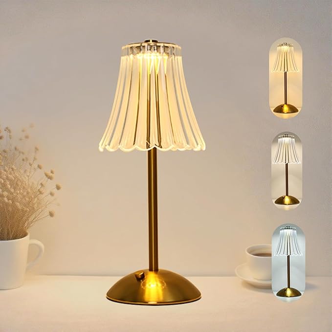Crystal Table Lamp, 5000mAh Rechargeable Lamp with Touch Control, 3 Color Temperatures, Dimmable Brightness, Matte Aluminum Light for Bedroom/Bar/Kitchen/Outdoor (Retro Golden, Large-2Pc)