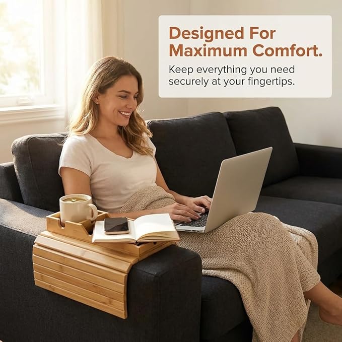 Bamboo Sofa Arm Tray Table with Detachable Couch Cup Holder - Fit for 4.5 Inches Wide Arms, Foldable Nonslip Sofa Armrest Tray for Drink, Snacks & Cell-Phone, TV-Remote – Space-Saving 17.7"x12.8"