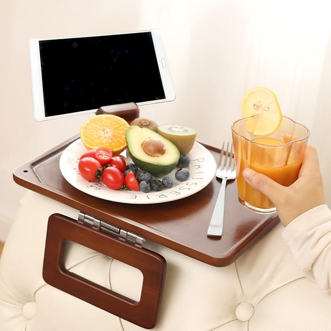 Smatdecis Couch Arm Tray Table Sofa Arm Clip, Armrest Tray Table Suitable for Home Drinks/Fast Food/Fruit Etc, Large Size Multi-Function Brown(360° Rotating Stand B)
