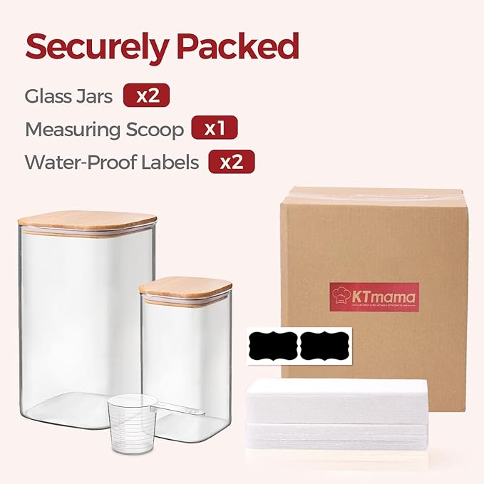 Glass Flour Sugar Storage Containers with Bamboo Lids & Measuring Scoop (1.6Qt/4.6Qt) - Wide Mouth Pantry Storage Containers for Kitchen Counter, Pantry Organization & Baking Essentials 2 pack