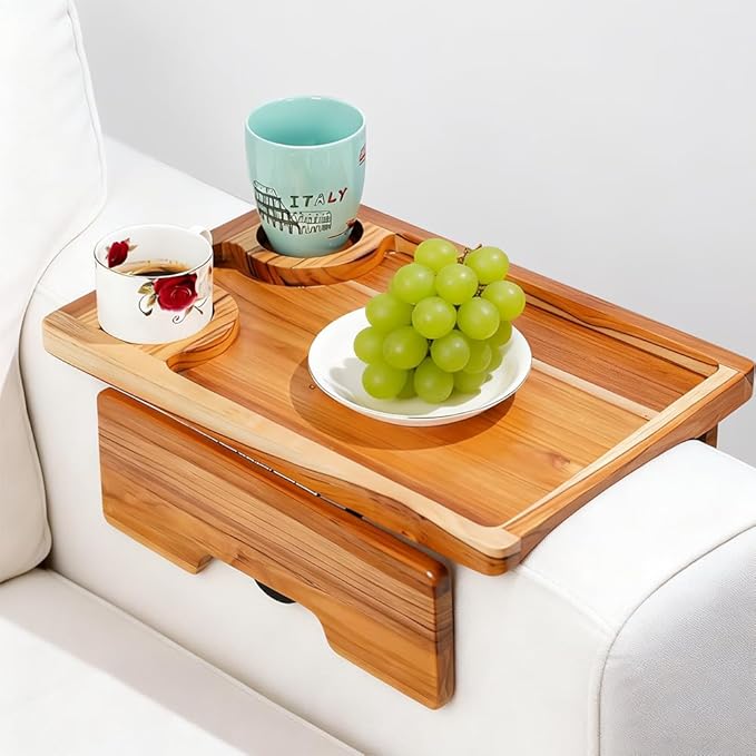 15.35" x 10.24" Teak Wood Couch Arm Tray, Sofa Armrest Table with Dual Cup Holders, Clip-on Tray for Wide Couch - Side Table for Eating & Drink, Snack, Phone, Remote