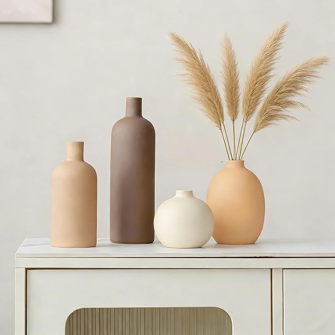 Neutral Boho Ceramic Decorative Vase Set, Modern Matte Minimalist Vases for Shelf, Coffee Table, Living Room & Fireplace Mantel Decor