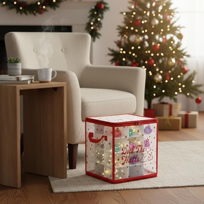 2-Pack Christmas Ornament Organizer Box with Adjustable Dividers for 64 Balls - Frosted Holiday Decor Storage Container, Space-Saving Plastic Christmas Ornaments Protection