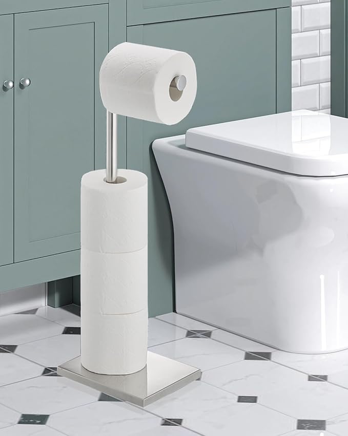 Toilet Paper Holder Stand, Free Standing Toilet Paper Holder with 4 Rolls for Bathroom, Weighted Base Toilet Paper Stand, Chrome