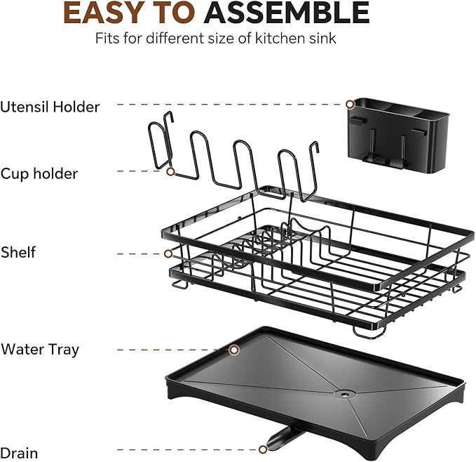 Simple Trending Dish Drying Rack for Kitchen Counter, Rust-Resistant Dish Rack, Large Dish Drainer Organizer with Cutlery Holder & Cup Holders, Black