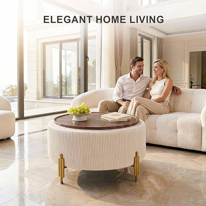 30'' Round Storage Ottoman Coffee Table, Modern Velvet Upholstered Ottoman with Lid and Metal Legs for Living Room, Bedroom (White)