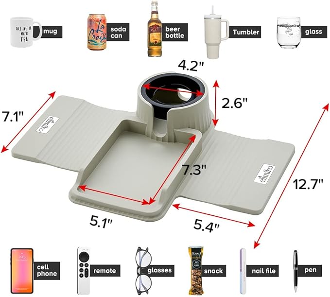 Couch Cup Holder Tray, Elimiko Silicone Sofa Drink Holder with Large Cup Holder and Tray, for Oversized Mugs/Long Remote/Snacks/Cellphone (Griege)