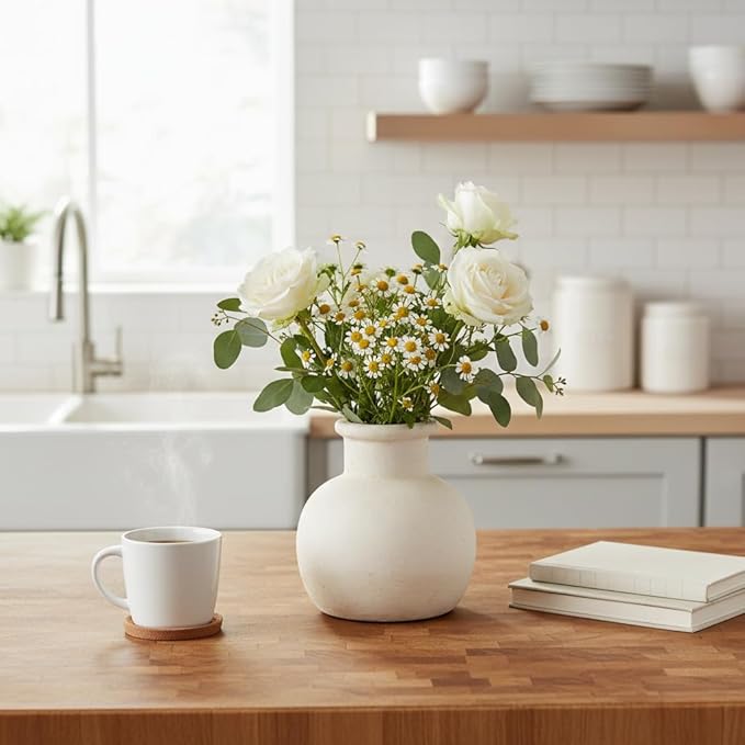 SIDUCAL Ceramic Rustic Farmhouse Vase | 6 Inch Pottery Decorative Boho Flower Vase for Home Decor, Table, Living Room, Bathroom Decoration, Shelf Decor, Mantel, Wedding, White