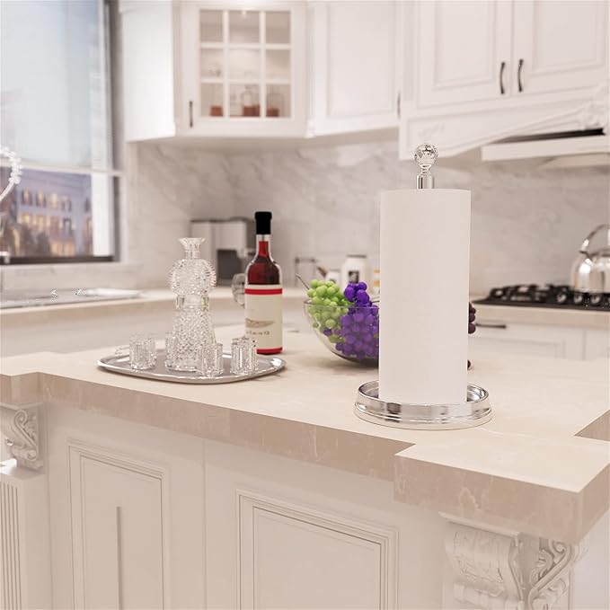 KASUNTO Crystal Ball Paper Towel Holder - Steel Stand for Countertops & Tables, Fits Standard & Jumbo Rolls, Polished Chrome