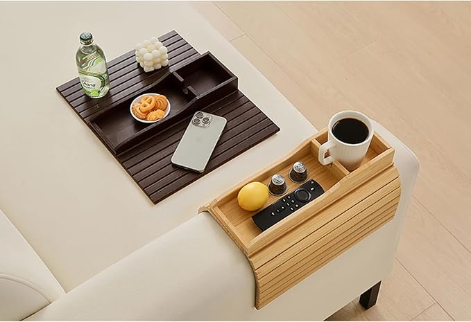 Bamboo Couch Cup Holder Arm Tray Table,Couch Drink Holder,Sofa Cup Holder Armrest Tray,Anti-Slip Foldable Arm Chair Table Tray Recliners for Drink,Cups, Snacks, Phone, Remote