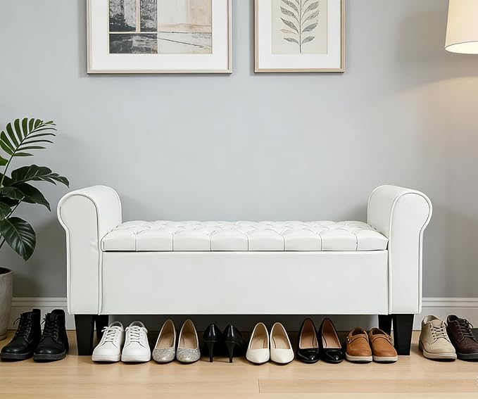 ECOTOUGE Ottoman with Storage for Living Room, Leather Upholstered Bench Footrest, Bedroom Benches at End of Bed, Rolled Arm Ottoman, Cream Color