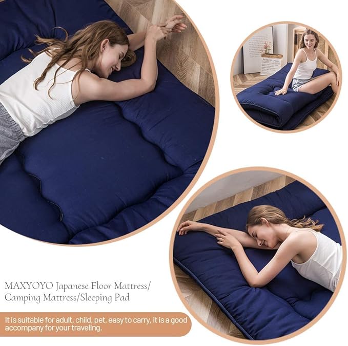 MAXYOYO Japanese Floor Mattress Futon Mattress, Thicken Tatami Mat Sleeping Pad Foldable Roll Up Mattress Boys Girls Dormitory Mattress Pad Kids Floor Lounger Cushion, Navy, Queen