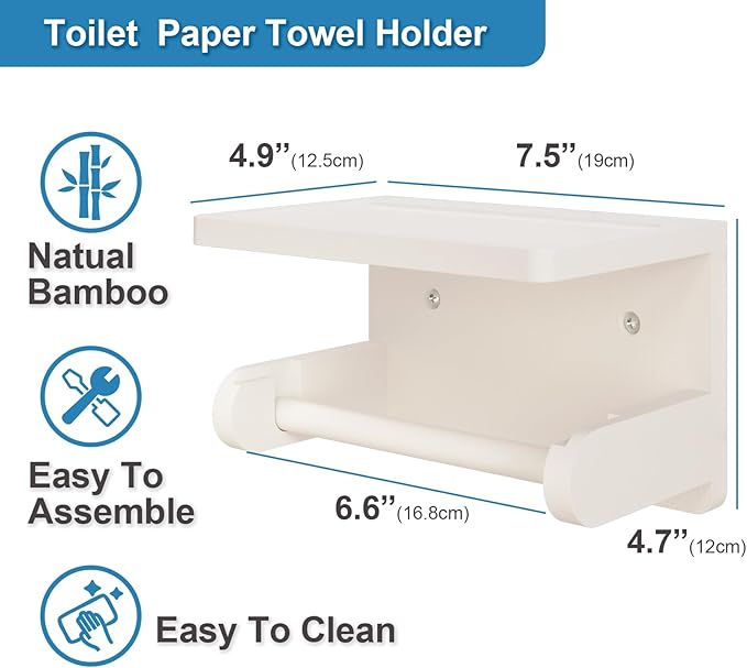 VERTORGAN Toilet Paper Holder with Phone Shelf,Bamboo Wall Mounted Tissue Roll Holder for Bathroom(White)