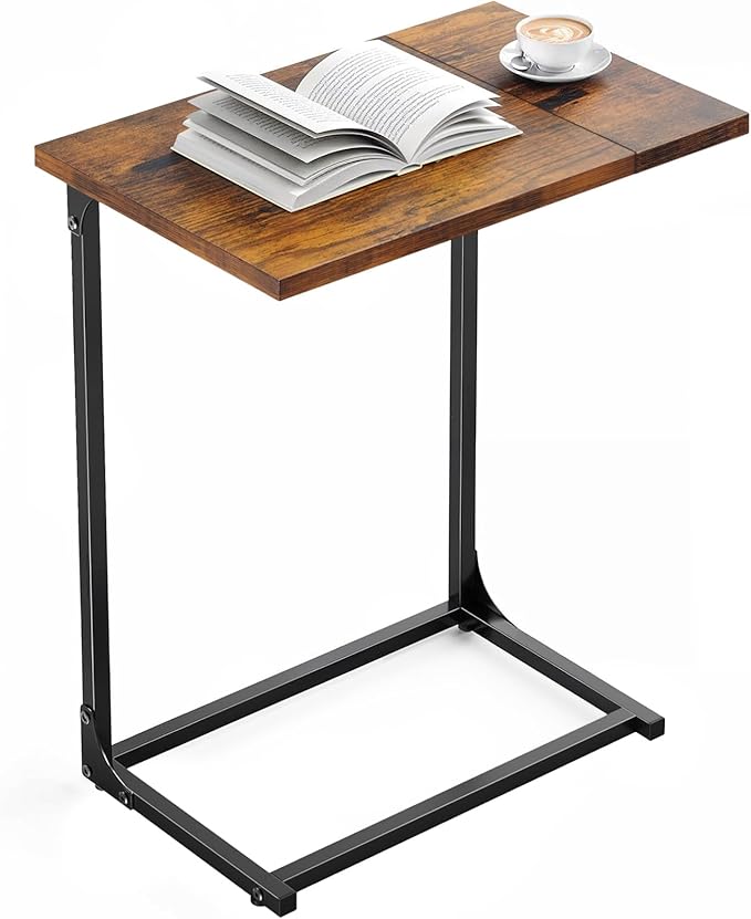Pipishell C-Shaped Side Table, C Table for Sofa with Two-Piece Desktop & Metal Frame, Large Surface End Table for Living Room, Bedroom, Bedside, Rustic Design