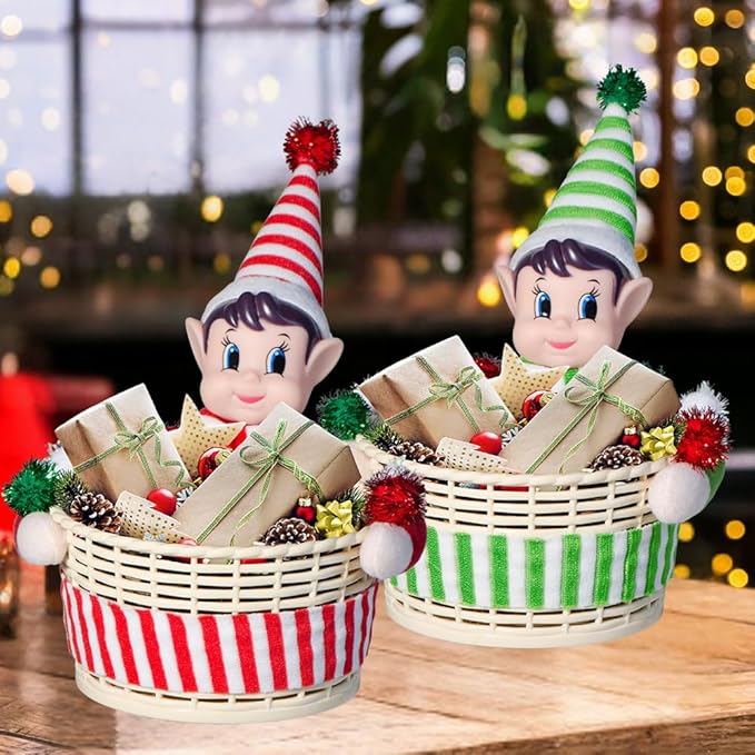 Christmas Elf Storage Gift Basket Ornament, Small Empty Xmas Box Decoration Cute Plastic Organizer Basket for Kids Elf Holder for Gift,Chocolate,Toys or Candies Christams Decor (Red)