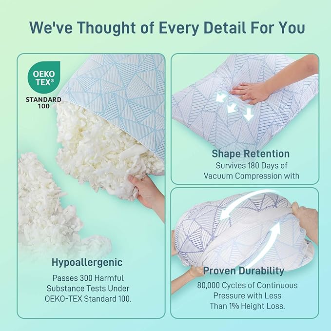 Sylvaris Shredded Memory Foam Cooling Soft Bamboo Viscose Pillow Queen Size, Adjustable Hypoallergenic Hotel Quality Bed Pillow for Side, Stomach or Back Sleeper, Oeko-TEX Certified