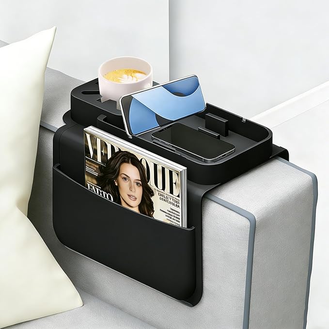 Silicone Couch Cup Holder Tray with Tablet & Phone Stand, Anti-Slip Sofa Arm Organizer with Dual Side Pockets for Remotes, Snacks, Headphones, Glasses, Drinks (Black)