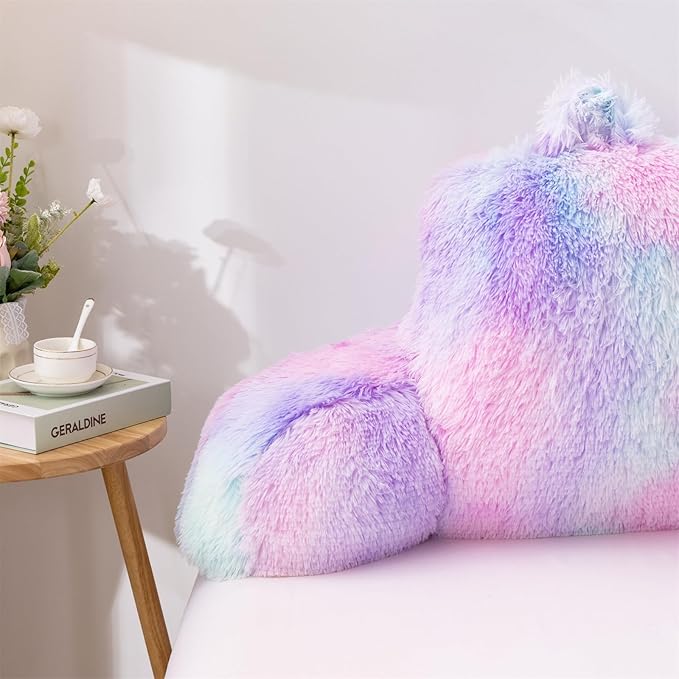 A Nice Night Faux Fur Reading Pillow Bed Wedge Children Backrest with Arms Back Support for Sitting Up in Bed/Couch,Tie Dye BluePurple,Standard