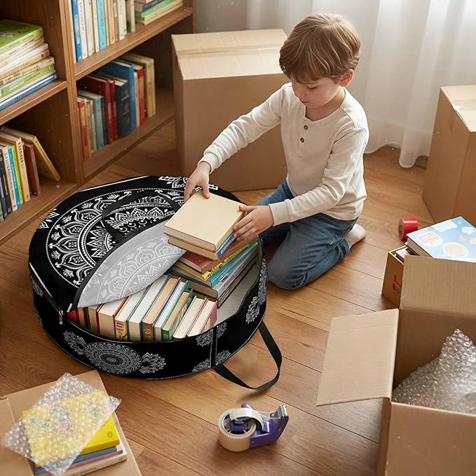 Storage Bag Black Boho Round Storage Totes Bins Closet Organizers with Zippers & Handle Gorgeous Bohemian Flower Clothes Storage Container for Bedroom Dorm Space Saving Packing Supplies Moving Bags