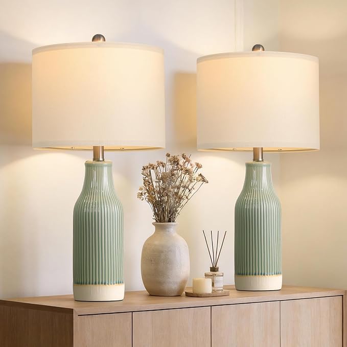 USumkky 23.75" Modern Green Ceramic Table Lamp Set of 2 for Living Room, Farmhouse Bedside Nightstand Lamp for Bedroom Home Office Dorm