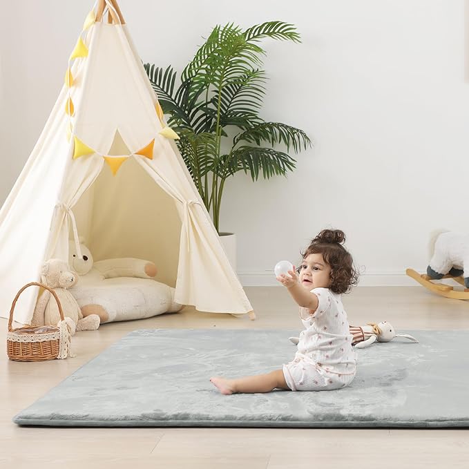 1.5" Thick Baby Play Mat for Floor, 59x79 Playpen Mat, Pro Soft Flannel Foam Mats Toddler Infant Kids Crawling for Nursery Rug Playroom Living Room Waterproof Easy Care Non-Slip (Light Grey)