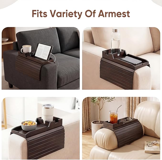 Bamboo Couch Arm Tray Table with Built-in Cup Holder, Foldable Anti-Slip Sofa Armrest Table for Drinks, Phone & Remote, Fits 4.7–16.9 in Armrests, Holds Cups up to 3.5 in Diameter (Brown)