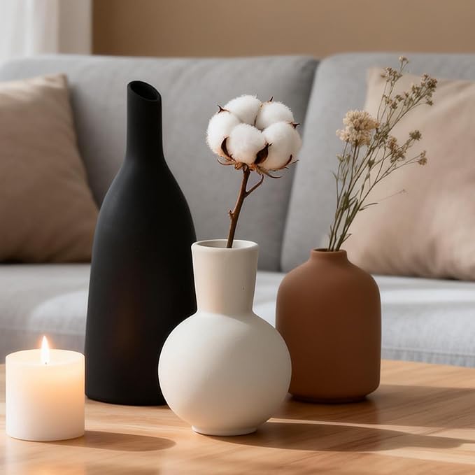 Ceramic Vase Home Table Decor, Pottery Boho Rustic Farmhouse Decor, Small Vases for Coffee & Dinner Table, Mantel, Shelf - Home Decor for Living Room, Bedroom, Office