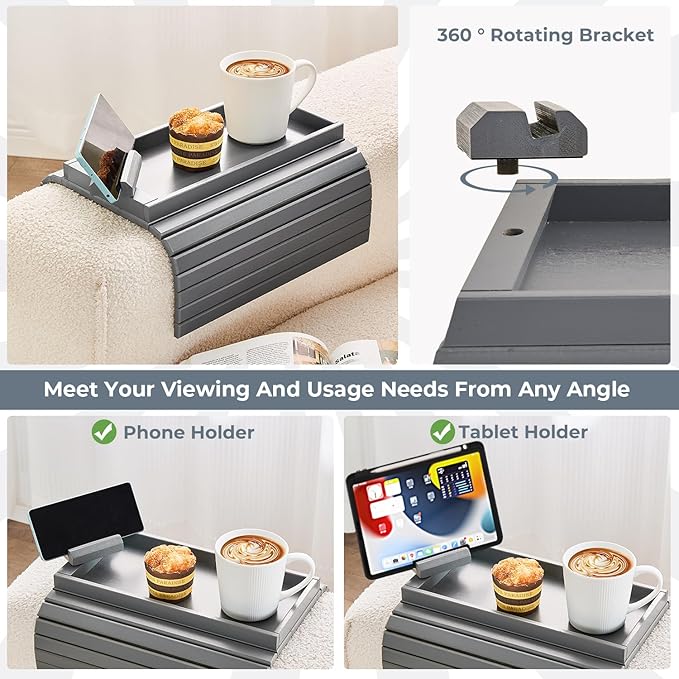 LOVYANXUE Bamboo Sofa Arm Tray, Anti Falling Couch Arm Tray Armrest Table with 360° Rotating Phone Holder, Foldable and Portable Sofa Armrest Trays Cup Holder for Drink,Cups, Phone, Snacks, Remote