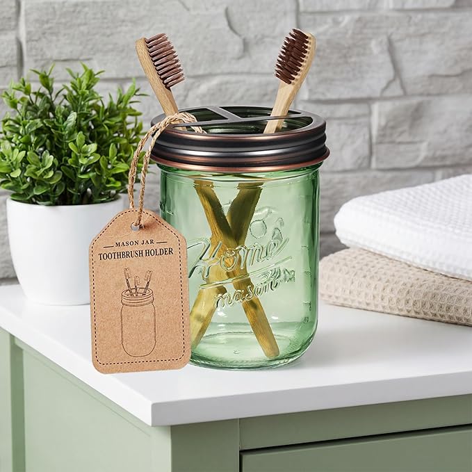 SheeChung Mason Jar Toothbrush Holder, Green Glass Toothbrush Holder, Bathroom Countertop Organizer, Stainless Steel Lid, Toothbrush Toothpaste Holder Storage, Oil Rubbed Bronze Bathroom Accessories