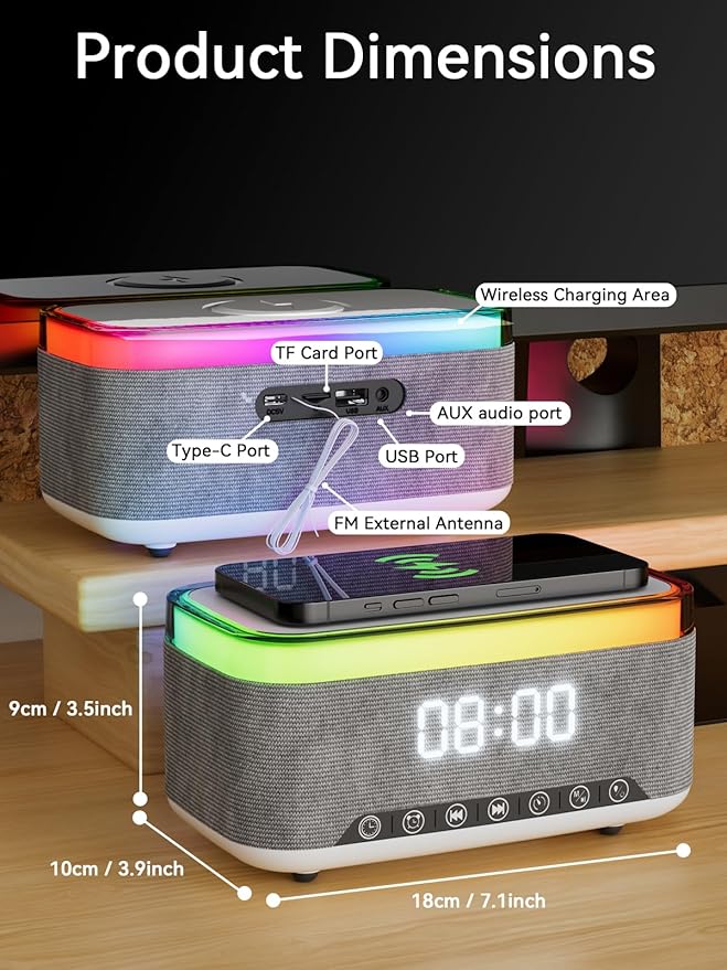 Alarm Clock Bluetooth Speaker with 10w Fast Wireless Charger for iPhone Samsung, 10W Stereo Bluetooth Speaker, 12-Color Night Light, White Noise Machine Digital Clock with FM Radio for Bedroom
