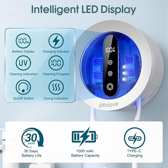 Upgraded UV Toothbrush Cleaner Holder, Toothbrush Holders Wall Mounted, Electric Toothbrush Holder for Bathroom, LED Smart Screen, Cleaning and Drying Fits All Toothbrushes for Home & Travel