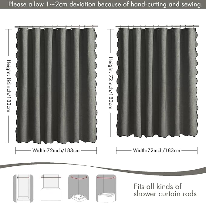 MIULEE 84" Long Scalloped Shower Curtain Linen Textured with 12 Metal Hooks Cute Extra Long Heavy Duty Washable Waterproof Cloth Curtains with Black Border for Bathroom Hotel Bathtub,Charcoal Grey